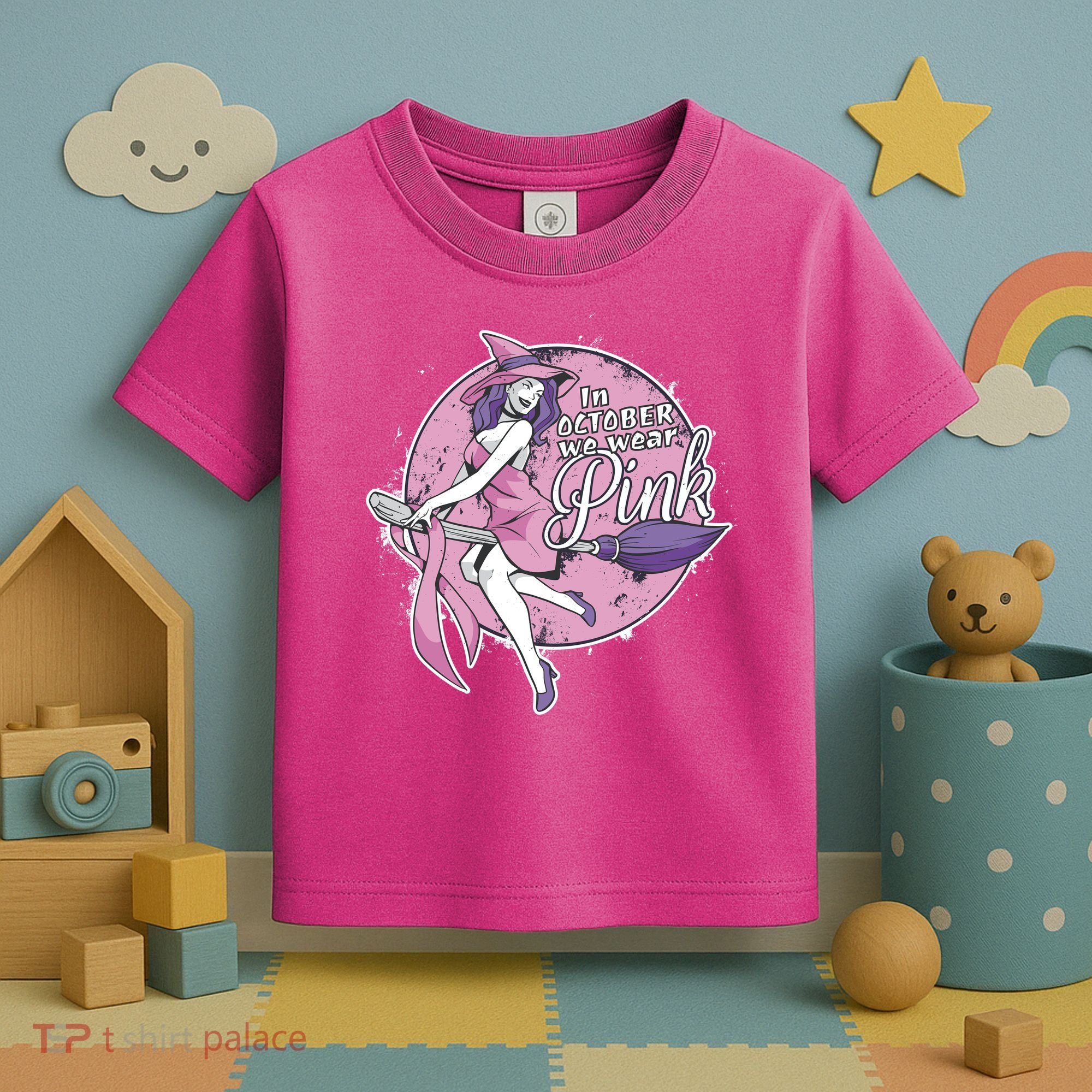 In October We Wear Pink Breast Cancer Witch Halloween Toddler T-Shirt