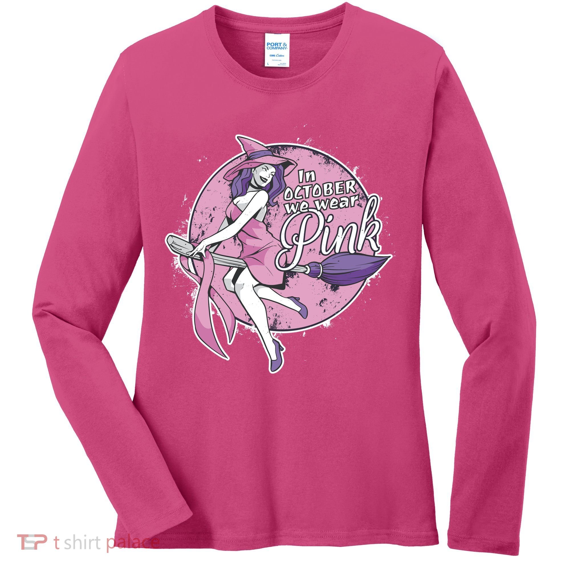 In October We Wear Pink Breast Cancer Witch Halloween Women's Long Sleeve Shirt