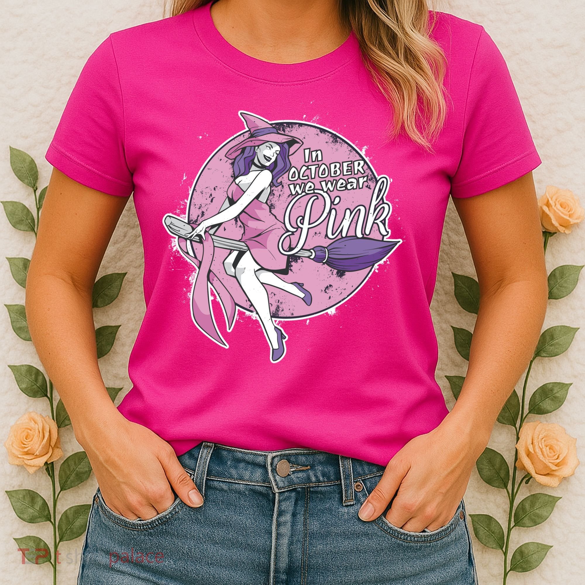 In October We Wear Pink Breast Cancer Witch Halloween Women's T-Shirt