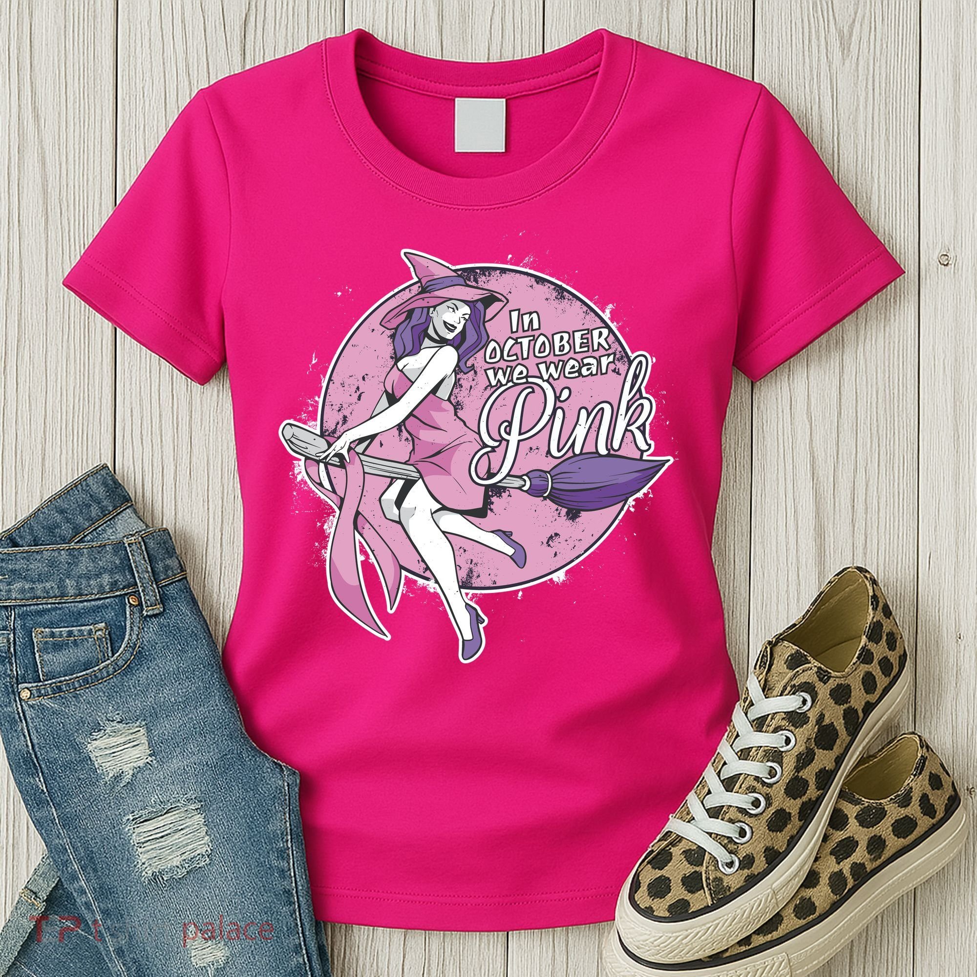 In October We Wear Pink Breast Cancer Witch Halloween Women's T-Shirt
