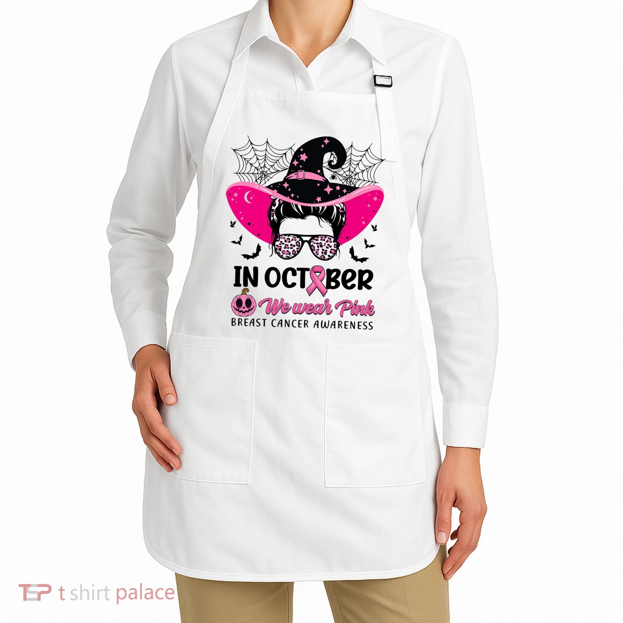 In October Wear Pink Breast Cancer Awareness Witch Halloween Costume Apron