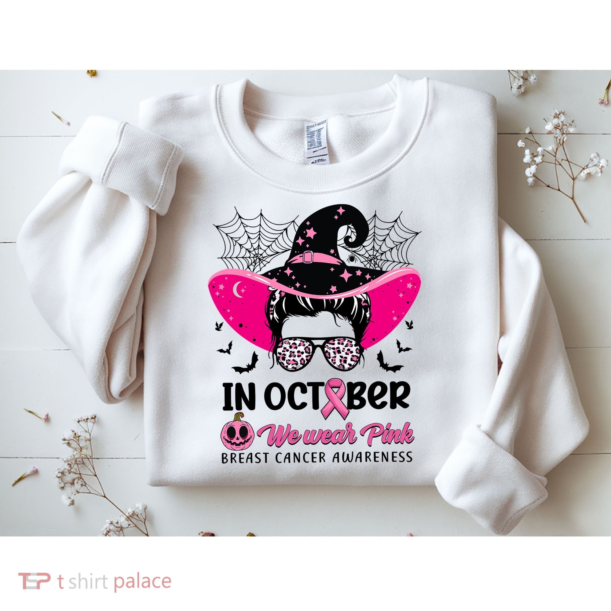 In October Wear Pink Breast Cancer Awareness Witch Halloween Costume Sweatshirt