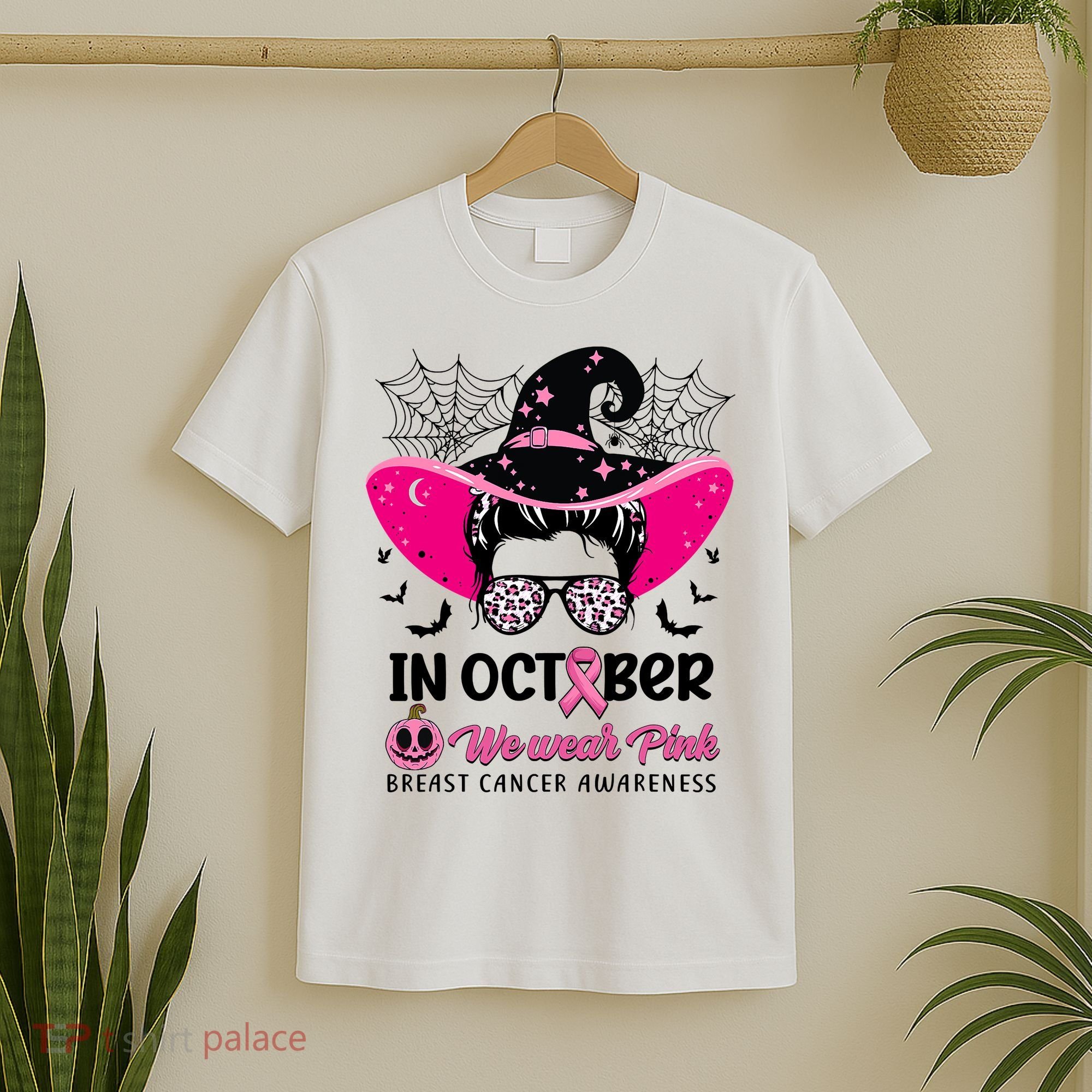 In October Wear Pink Breast Cancer Awareness Witch Halloween Costume T-Shirt