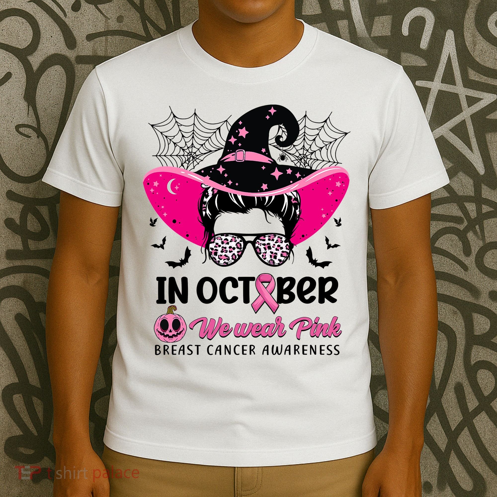 In October Wear Pink Breast Cancer Awareness Witch Halloween Costume T-Shirt
