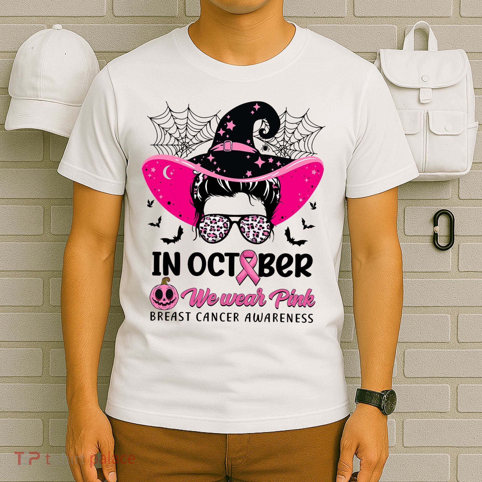 In October Wear Pink Breast Cancer Awareness Witch Halloween Costume T-Shirt