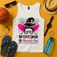 In October Wear Pink Breast Cancer Awareness Witch Halloween Costume Tank Top thumb 4