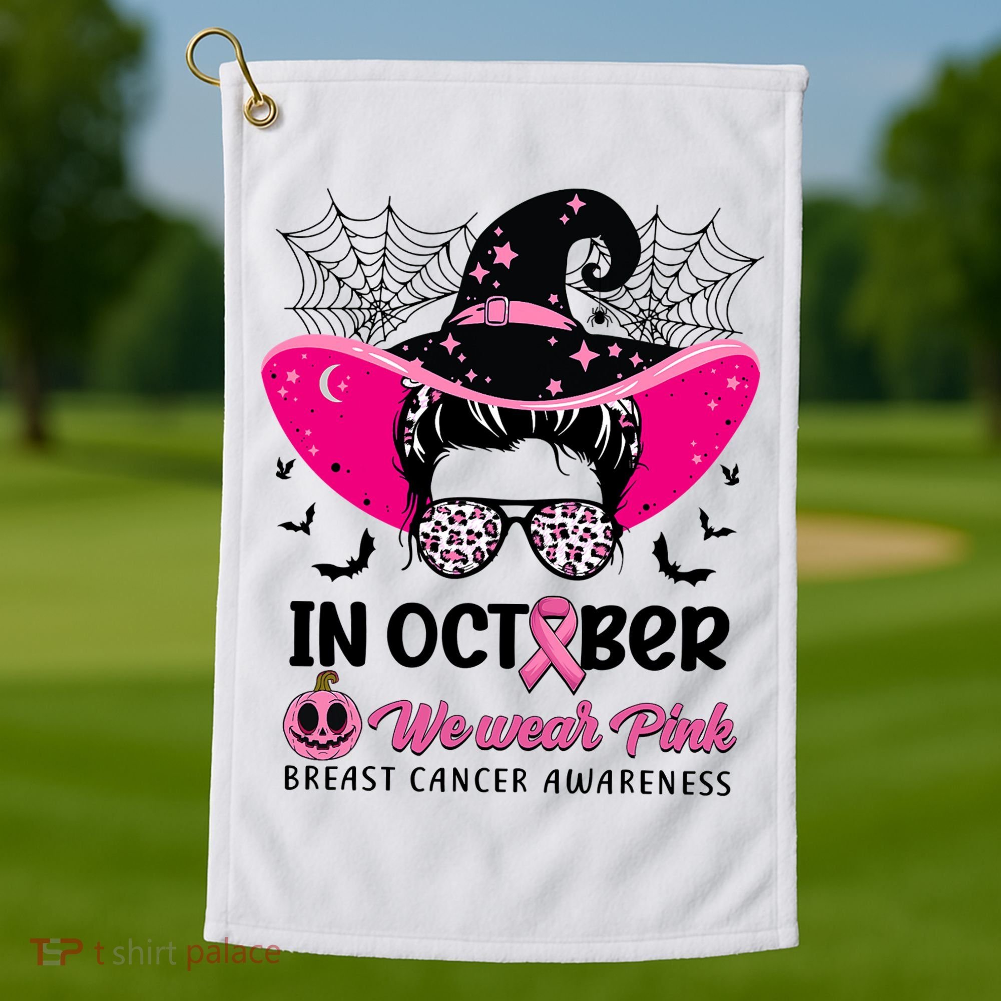In October Wear Pink Breast Cancer Awareness Witch Halloween Costume Golf Towel