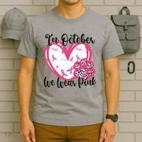 In October We Wear Pink Breast Cancer Paw Print Heart T-Shirt thumb 6