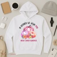 In October We Wear Pink Breast Cancer Awareness Pumpkin Fall Hoodie thumb 3