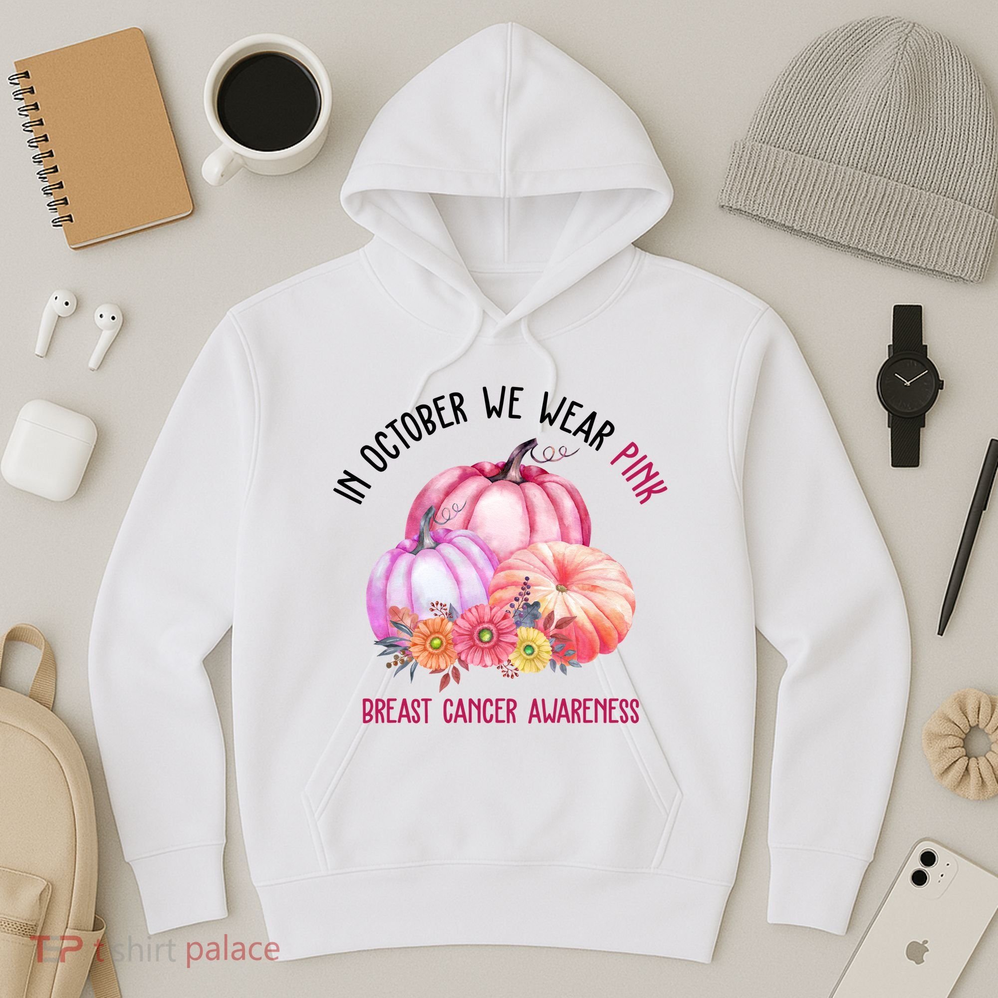 In October We Wear Pink Breast Cancer Awareness Pumpkin Fall Hoodie