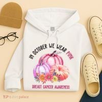 In October We Wear Pink Breast Cancer Awareness Pumpkin Fall Hoodie thumb 4