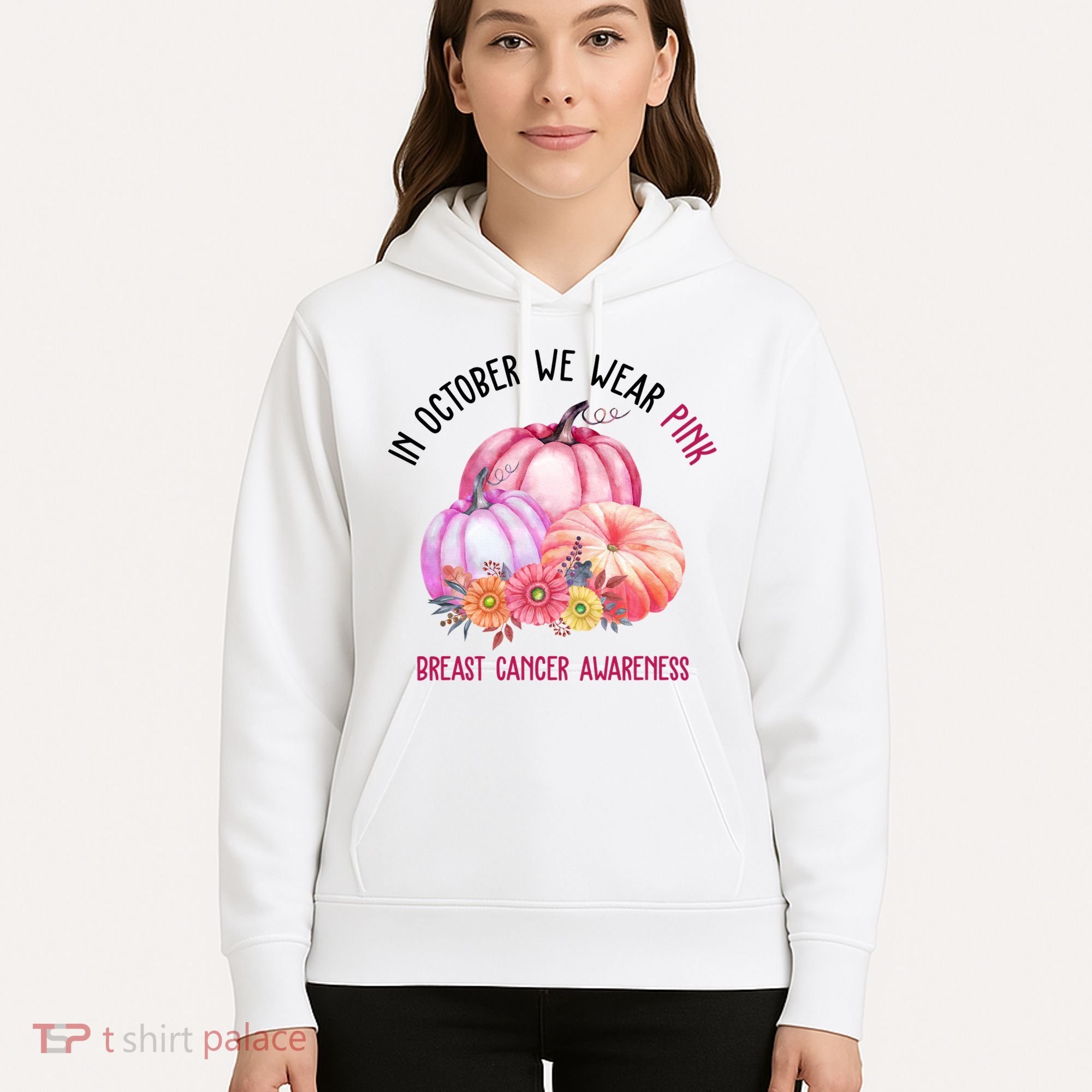 In October We Wear Pink Breast Cancer Awareness Pumpkin Fall Hoodie