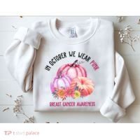 In October We Wear Pink Breast Cancer Awareness Pumpkin Fall Sweatshirt thumb 2