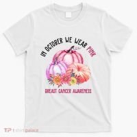 In October We Wear Pink Breast Cancer Awareness Pumpkin Fall T-Shirt thumb 0