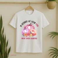 In October We Wear Pink Breast Cancer Awareness Pumpkin Fall T-Shirt thumb 2