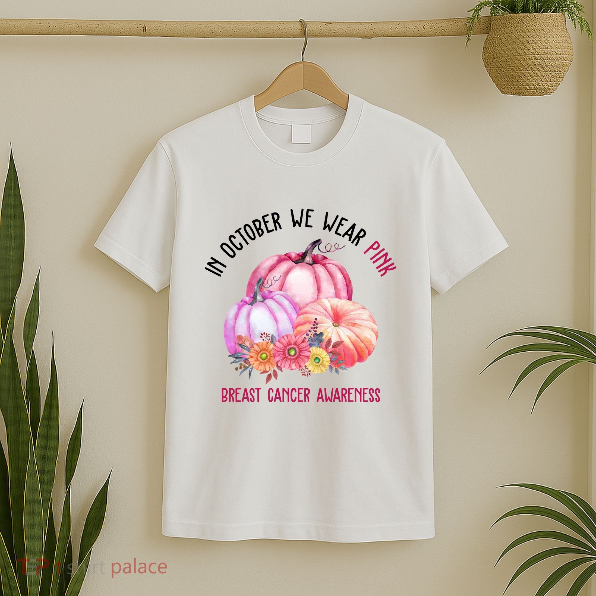 In October We Wear Pink Breast Cancer Awareness Pumpkin Fall T-Shirt