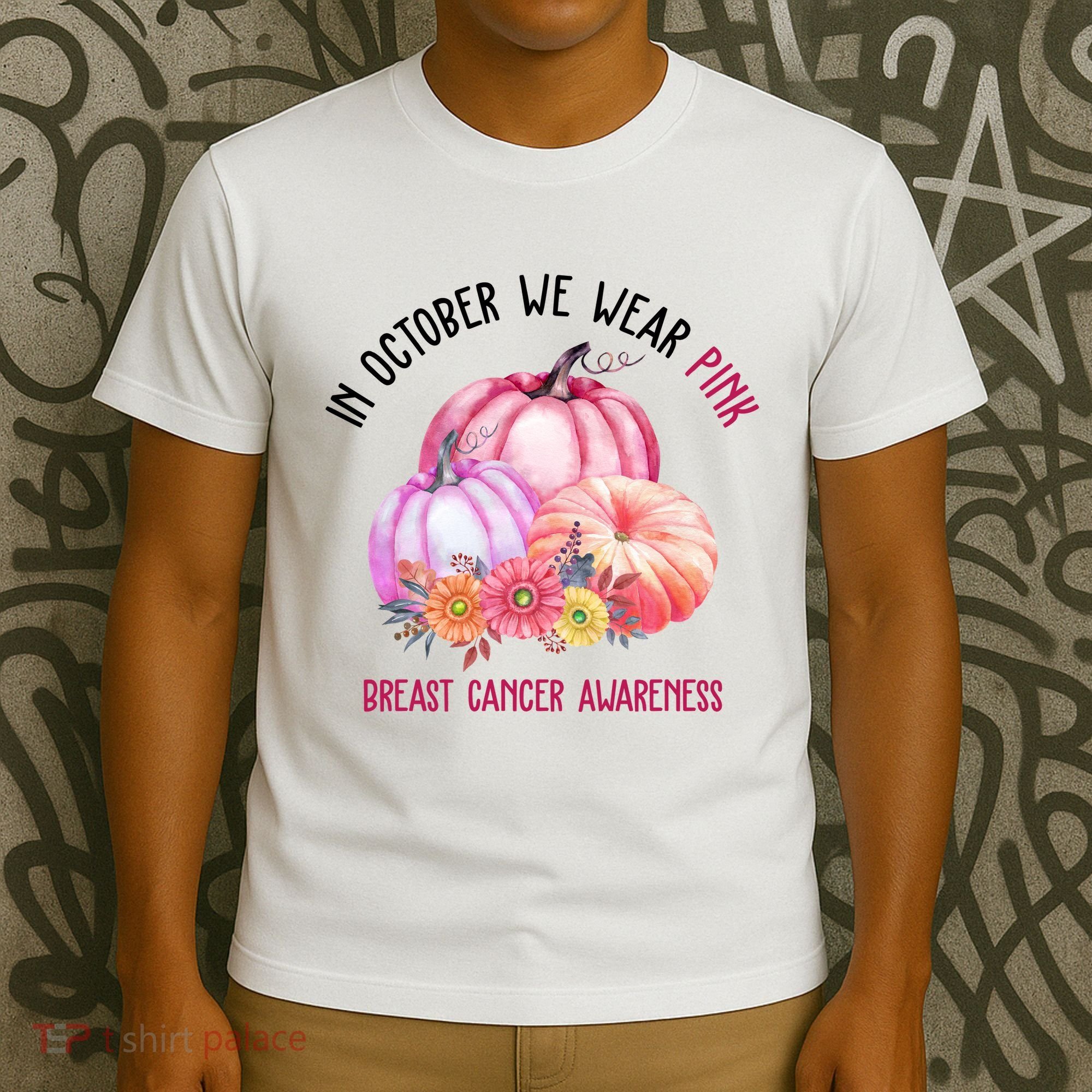 In October We Wear Pink Breast Cancer Awareness Pumpkin Fall T-Shirt