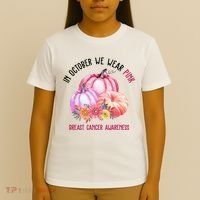 In October We Wear Pink Breast Cancer Awareness Pumpkin Fall T-Shirt thumb 4