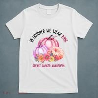 In October We Wear Pink Breast Cancer Awareness Pumpkin Fall T-Shirt thumb 5