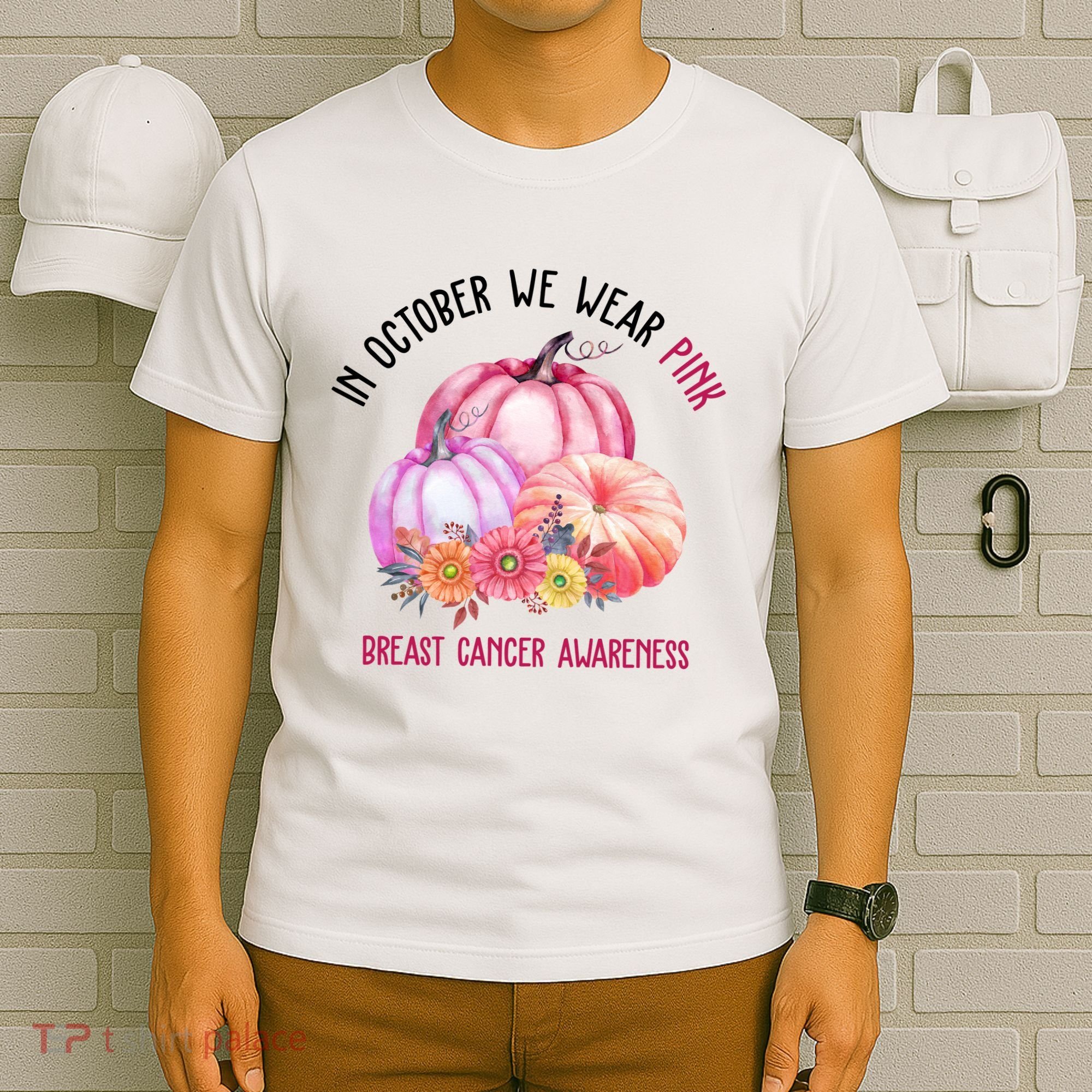 In October We Wear Pink Breast Cancer Awareness Pumpkin Fall T-Shirt