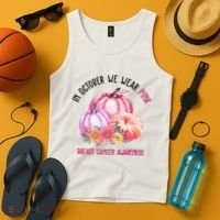 In October We Wear Pink Breast Cancer Awareness Pumpkin Fall Tank Top thumb 4
