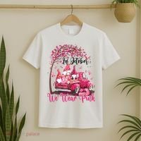 In October We Wear Pink Gnomes Truck Breast Cancer T-Shirt thumb 2