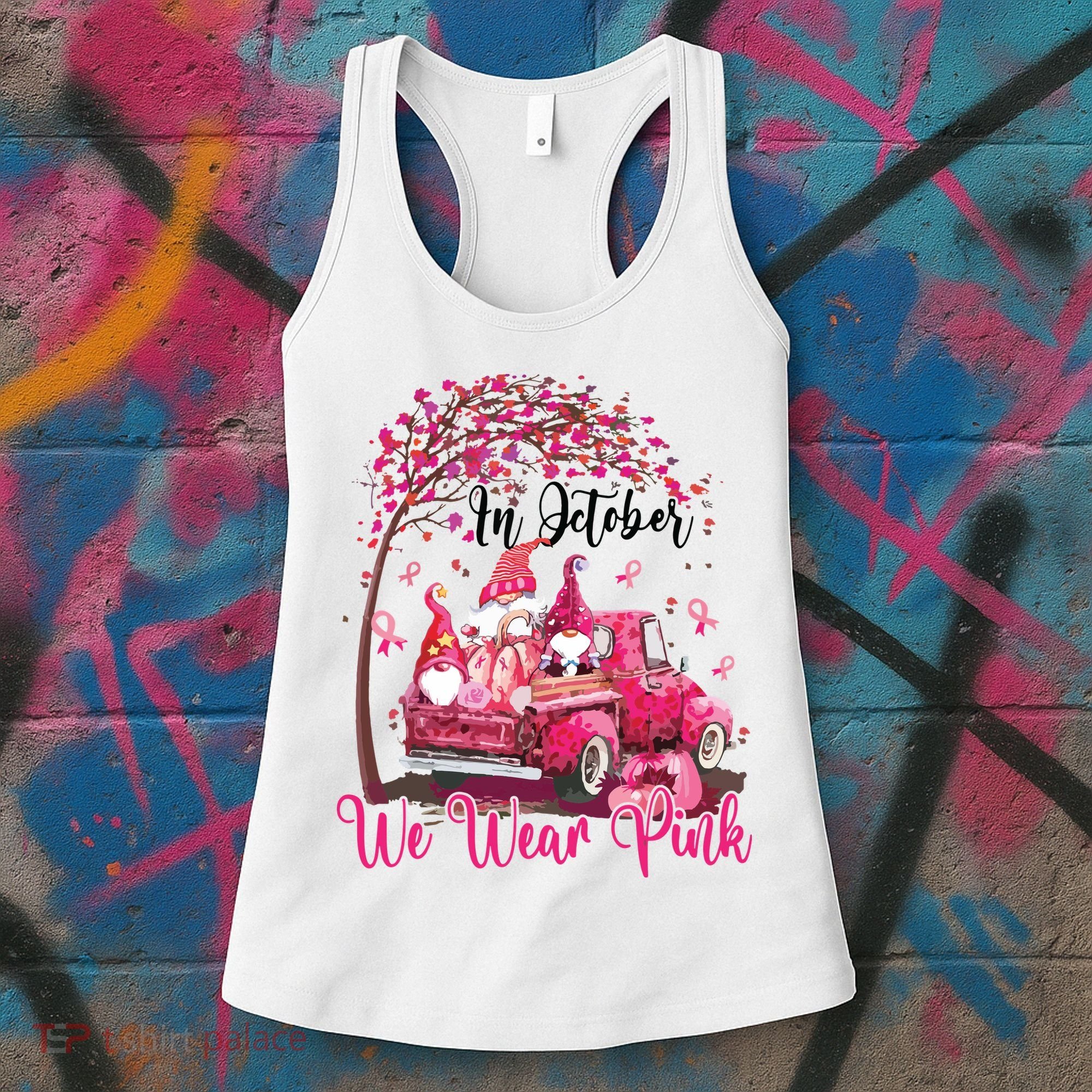 In October We Wear Pink Gnomes Truck Breast Cancer Women's Tank Top