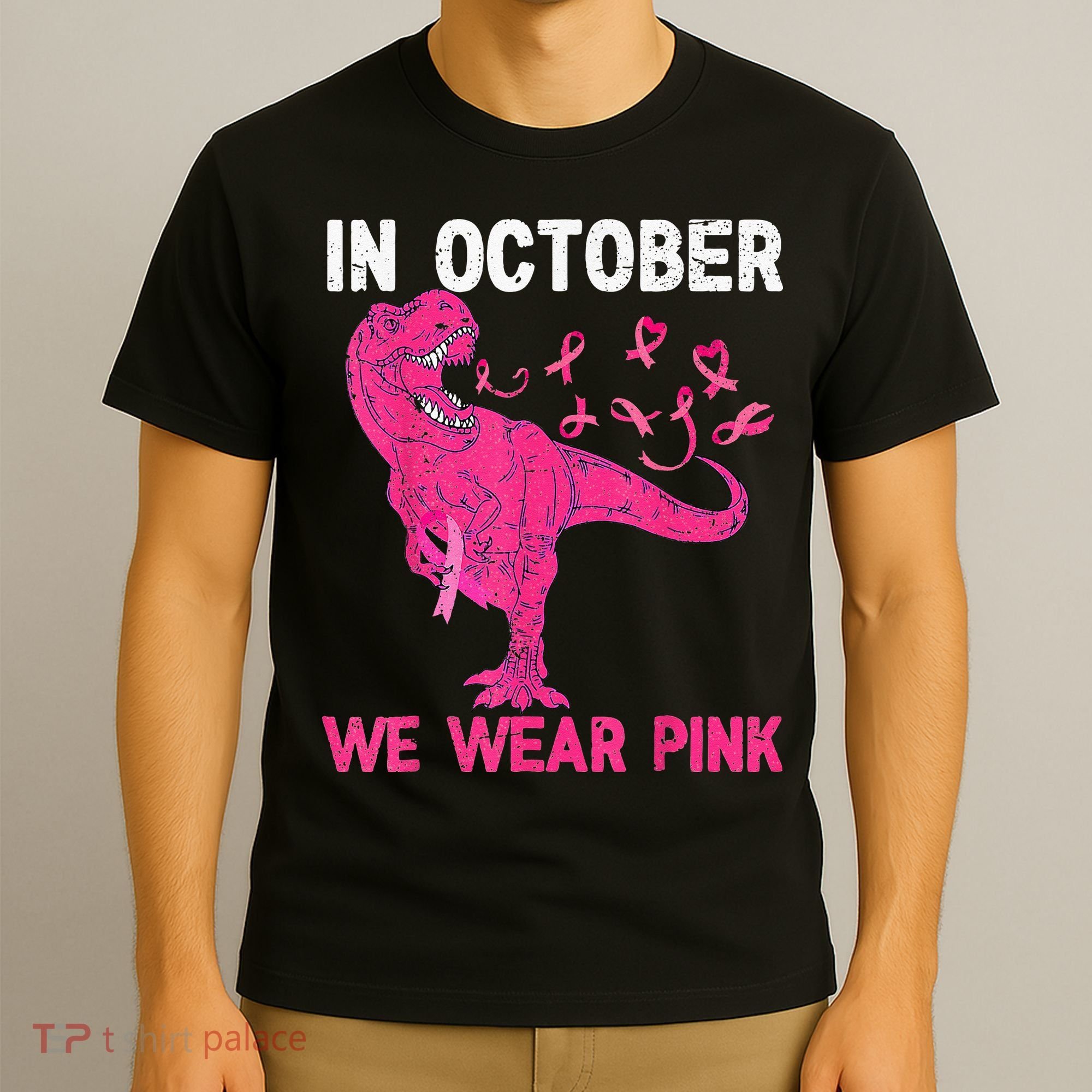 In October We Wear Pink Breast Cancer Trex Dino Kids T-Shirt