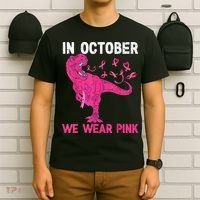 In October We Wear Pink Breast Cancer Trex Dino Kids T-Shirt thumb 6