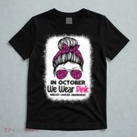 In October We Wear Pink Messy Bun Breast Cancer Awareness T-Shirt thumb 5