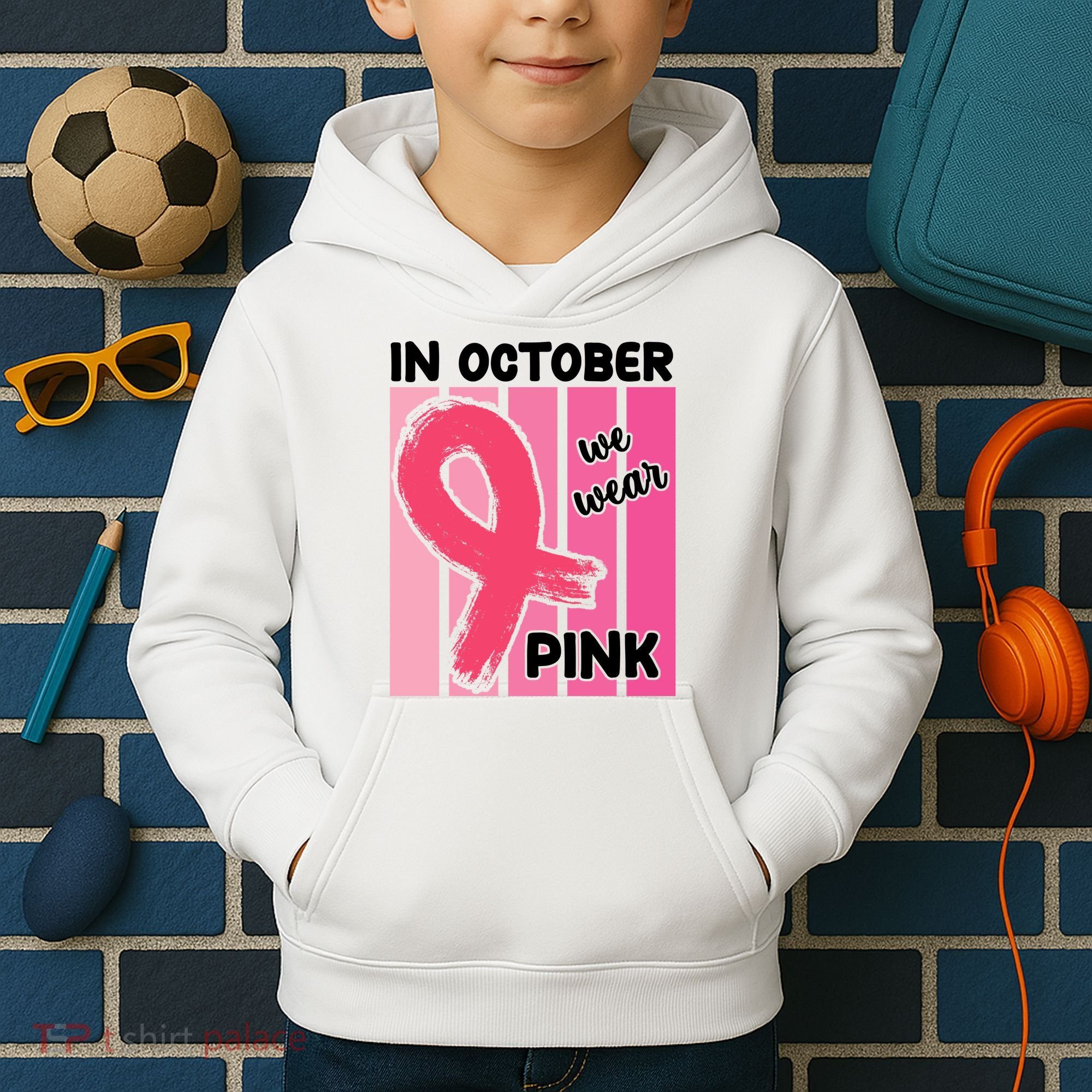 In October We Wear Pink Awareness Ribbon Kids Hoodie