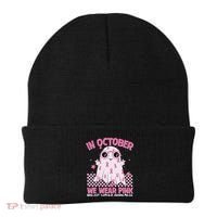 In October We Wear Pink Breast Cancer Awareness Halloween Pink Ghost Beanie thumb 0