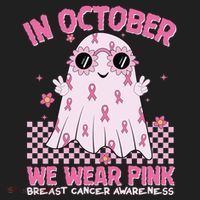 In October We Wear Pink Breast Cancer Awareness Halloween Pink Ghost Beanie thumb 2