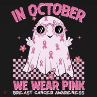 In October We Wear Pink Breast Cancer Awareness Halloween Pink Ghost Baby Bodysuit thumb 2