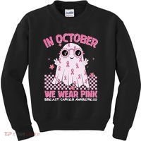 In October We Wear Pink Breast Cancer Awareness Halloween Pink Ghost Kids Sweatshirt thumb 0