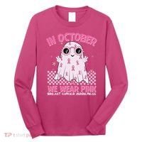 In October We Wear Pink Breast Cancer Awareness Halloween Pink Ghost Long Sleeve Shirt thumb 0