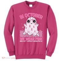 In October We Wear Pink Breast Cancer Awareness Halloween Pink Ghost Sweatshirt thumb 0
