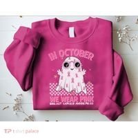 In October We Wear Pink Breast Cancer Awareness Halloween Pink Ghost Sweatshirt thumb 2
