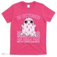 In October We Wear Pink Breast Cancer Awareness Halloween Pink Ghost T-Shirt thumb 0