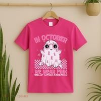 In October We Wear Pink Breast Cancer Awareness Halloween Pink Ghost T-Shirt thumb 2