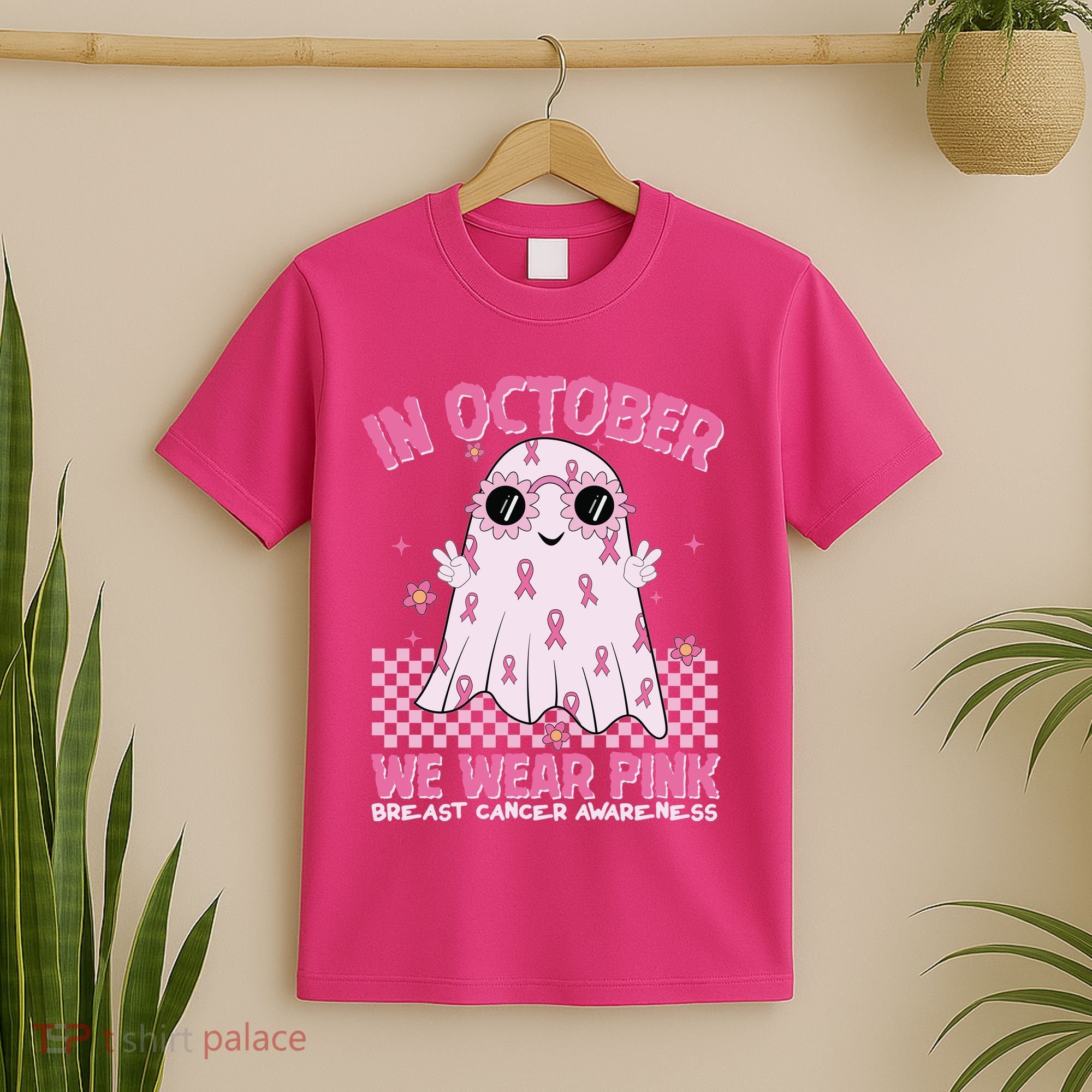 In October We Wear Pink Breast Cancer Awareness Halloween Pink Ghost T-Shirt