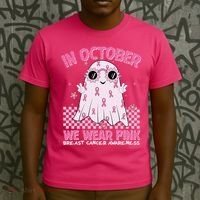 In October We Wear Pink Breast Cancer Awareness Halloween Pink Ghost T-Shirt thumb 3