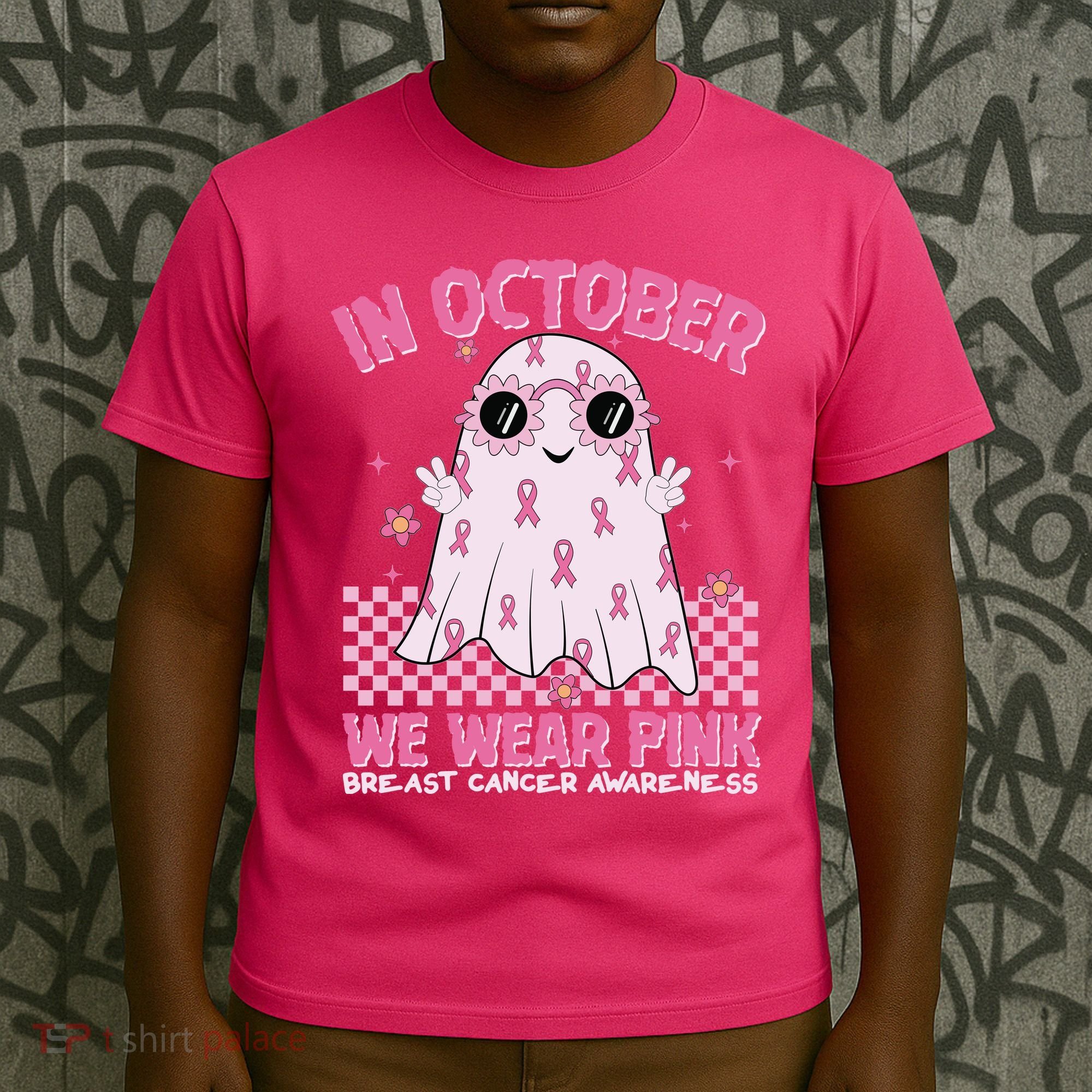 In October We Wear Pink Breast Cancer Awareness Halloween Pink Ghost T-Shirt