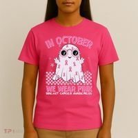 In October We Wear Pink Breast Cancer Awareness Halloween Pink Ghost T-Shirt thumb 4