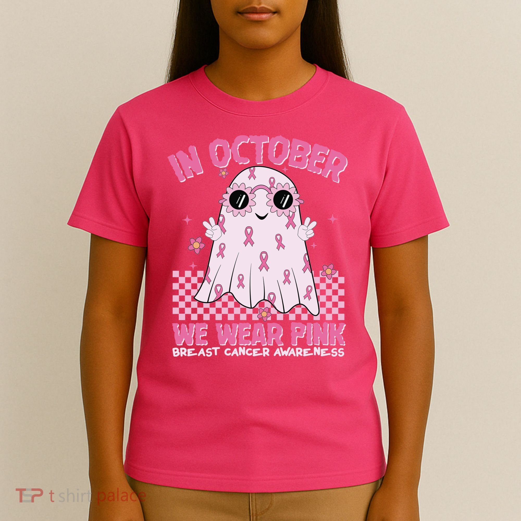 In October We Wear Pink Breast Cancer Awareness Halloween Pink Ghost T-Shirt