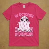 In October We Wear Pink Breast Cancer Awareness Halloween Pink Ghost T-Shirt thumb 5