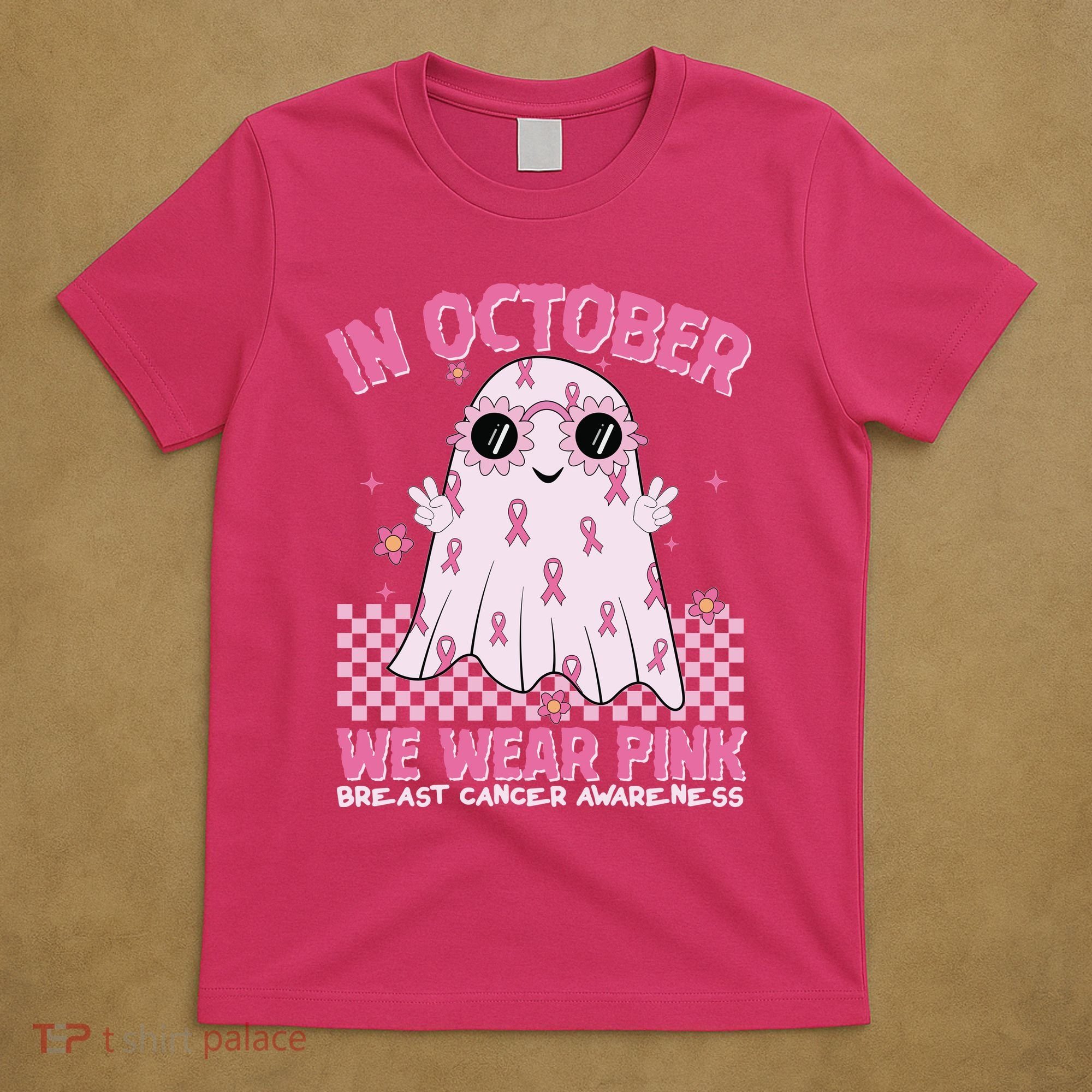 In October We Wear Pink Breast Cancer Awareness Halloween Pink Ghost T-Shirt