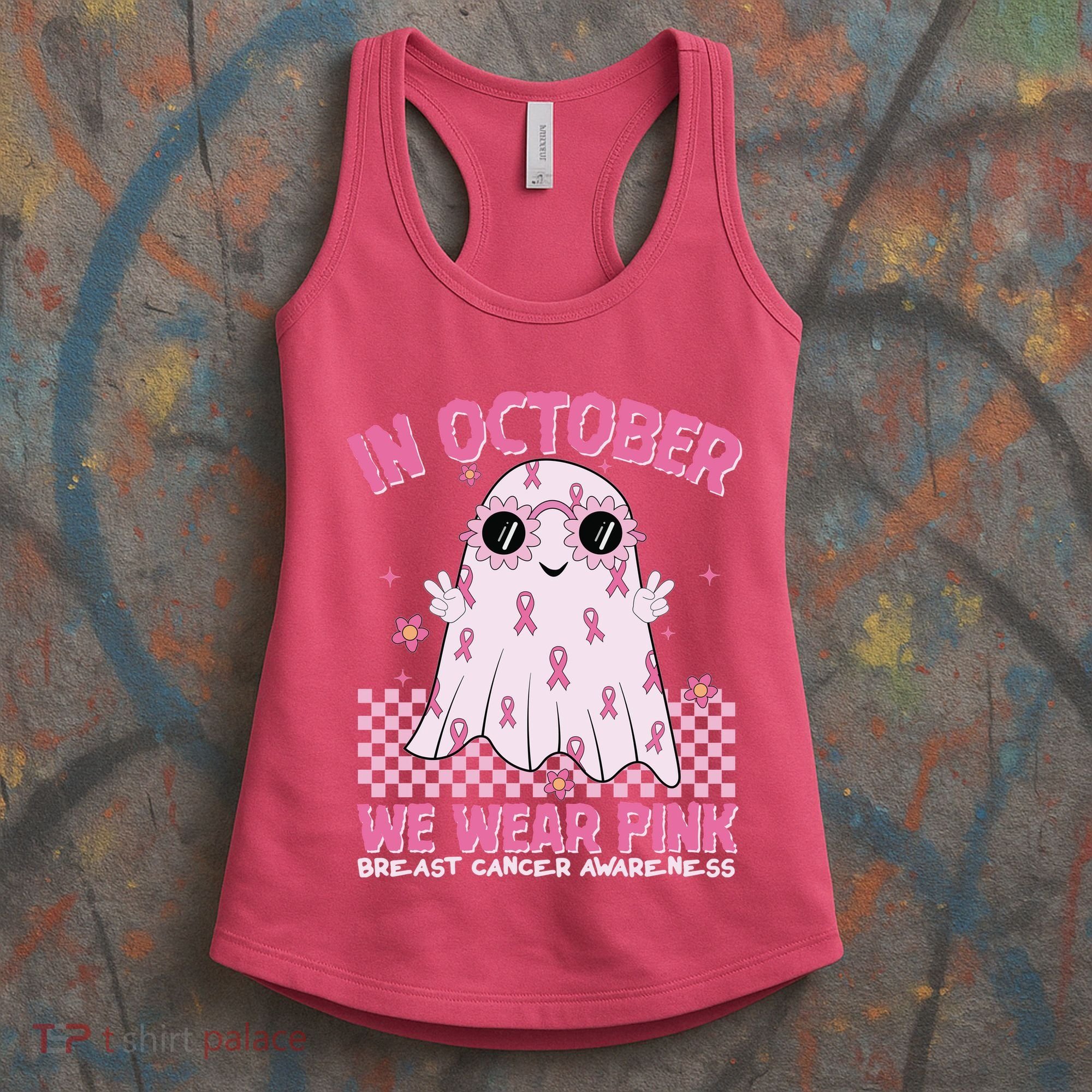 In October We Wear Pink Breast Cancer Awareness Halloween Pink Ghost Women's Tank Top