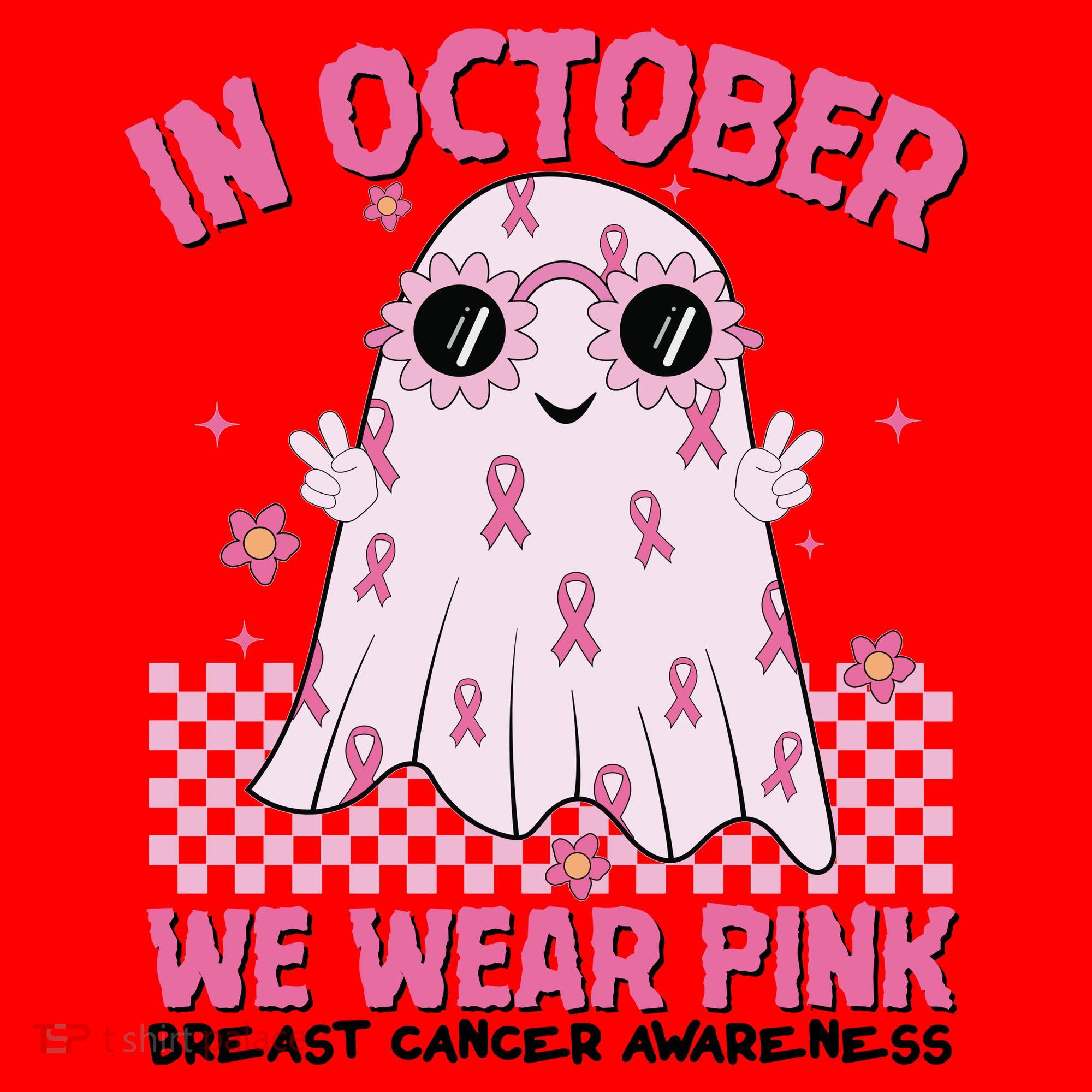 In October We Wear Pink Breast Cancer Awareness Halloween Pink Ghost Santa Hat