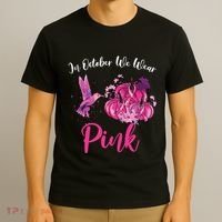 In October We Wear Pink Hummingbird Pumpkin Breast Cancer T-Shirt thumb 3